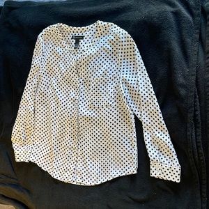 White with black polka dot, long sleeve woman’s blouse. Size 14 INC